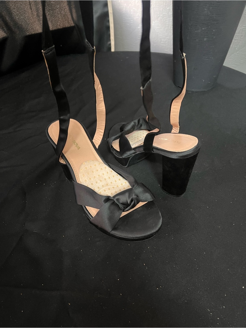 Black Satin Tie Ankle Sandals - Women's Dress Heels